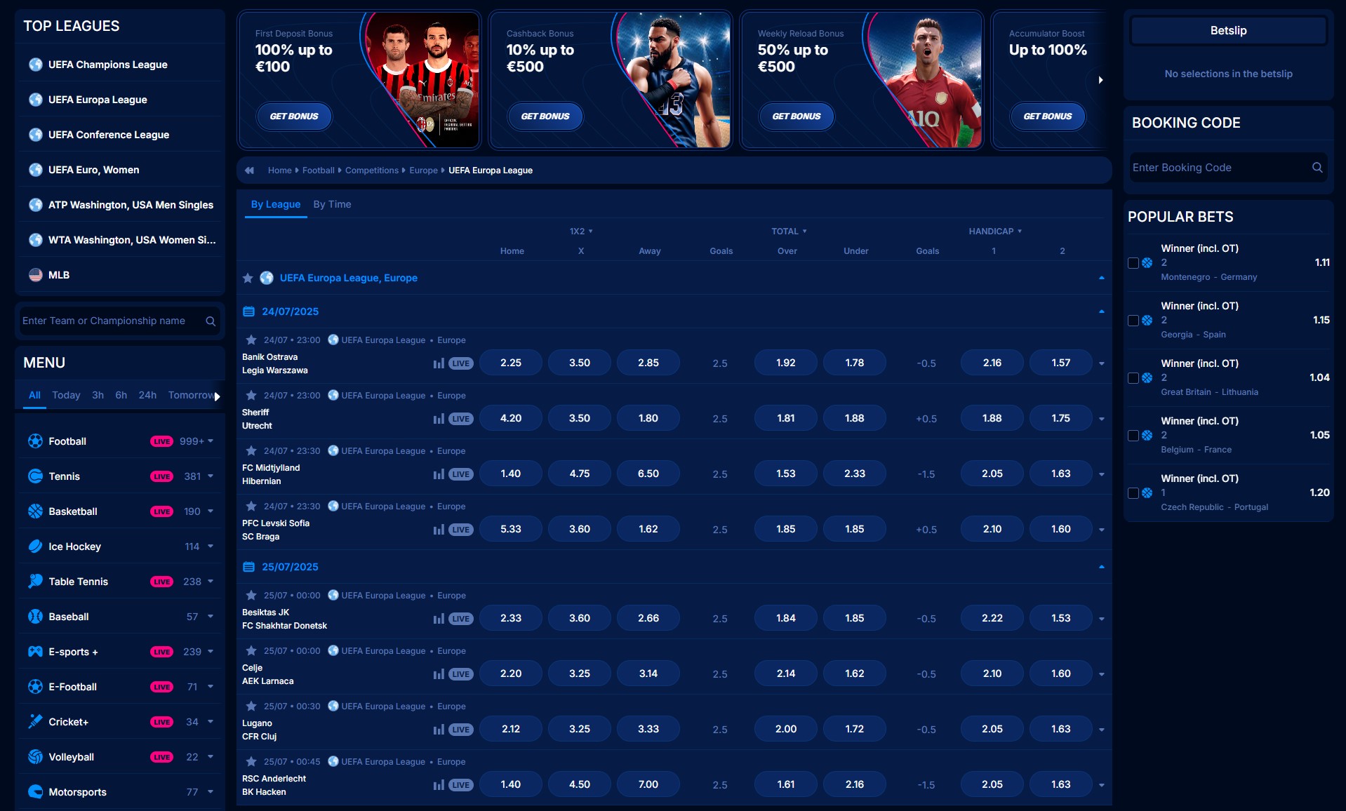 Boomerang Bet Live-Wetten-Oberfläche bei einem Fußballspiel